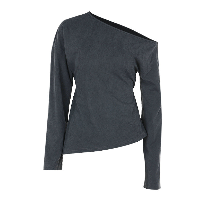 One Shoulder Long Sleeves, Uneven Hem Fitted Top