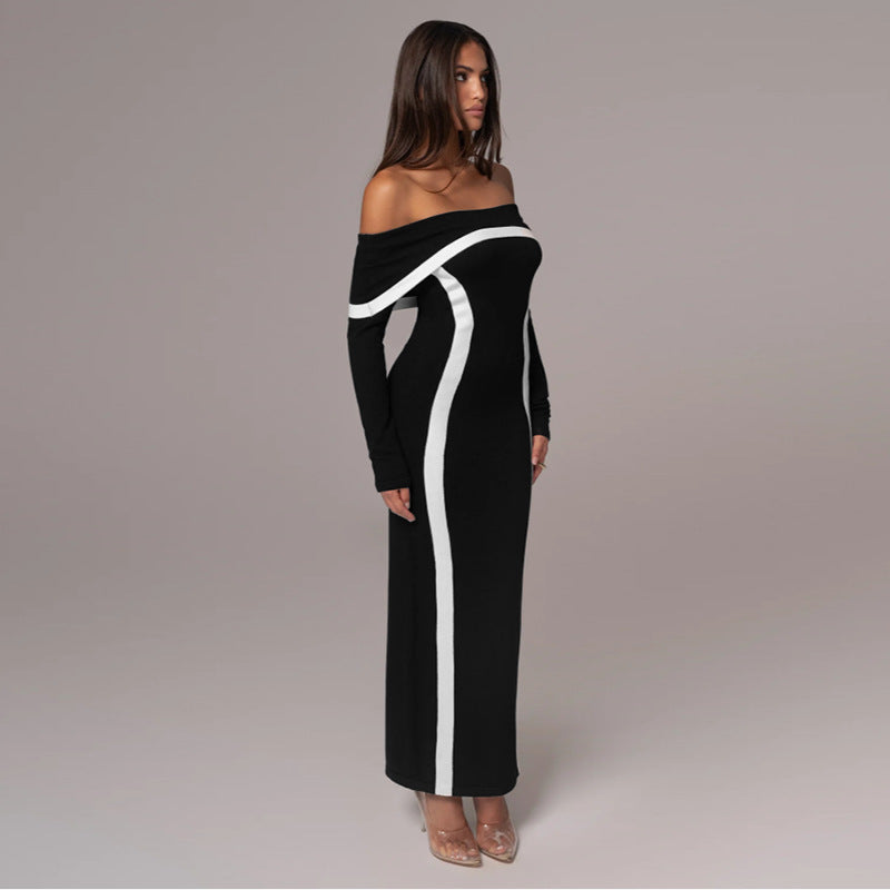 Off Shoulder Contrasting Taping Fitted Dress