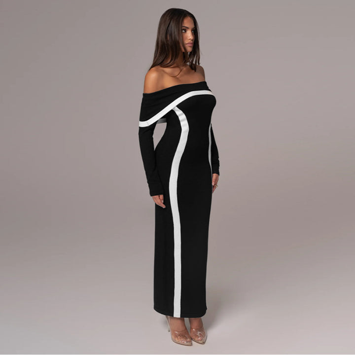 Off Shoulder Contrasting Taping Fitted Dress