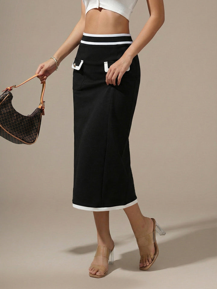 Black Contrast Piping Fitted Skirt