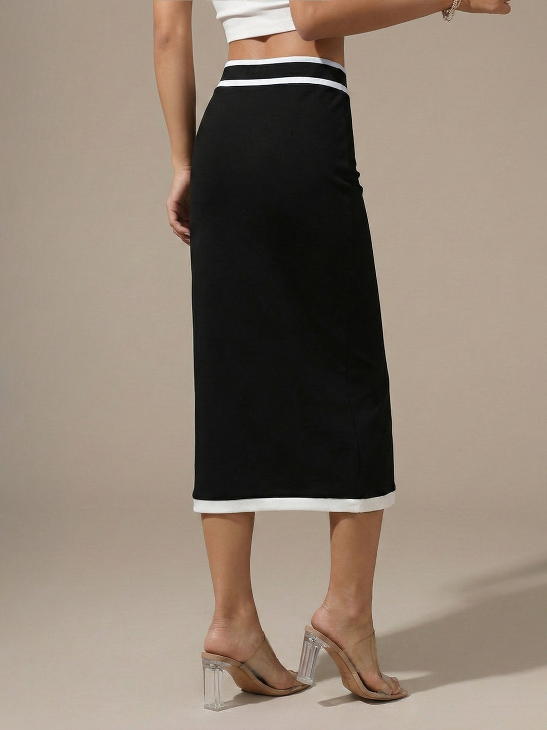 Black Contrast Piping Fitted Skirt