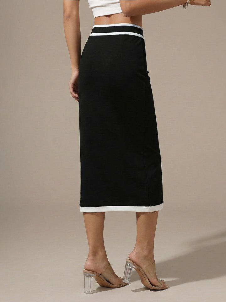 Black Contrast Piping Fitted Skirt