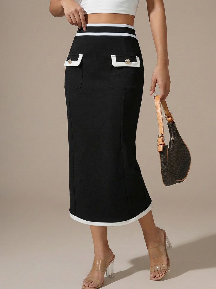 Black Contrast Piping Fitted Skirt