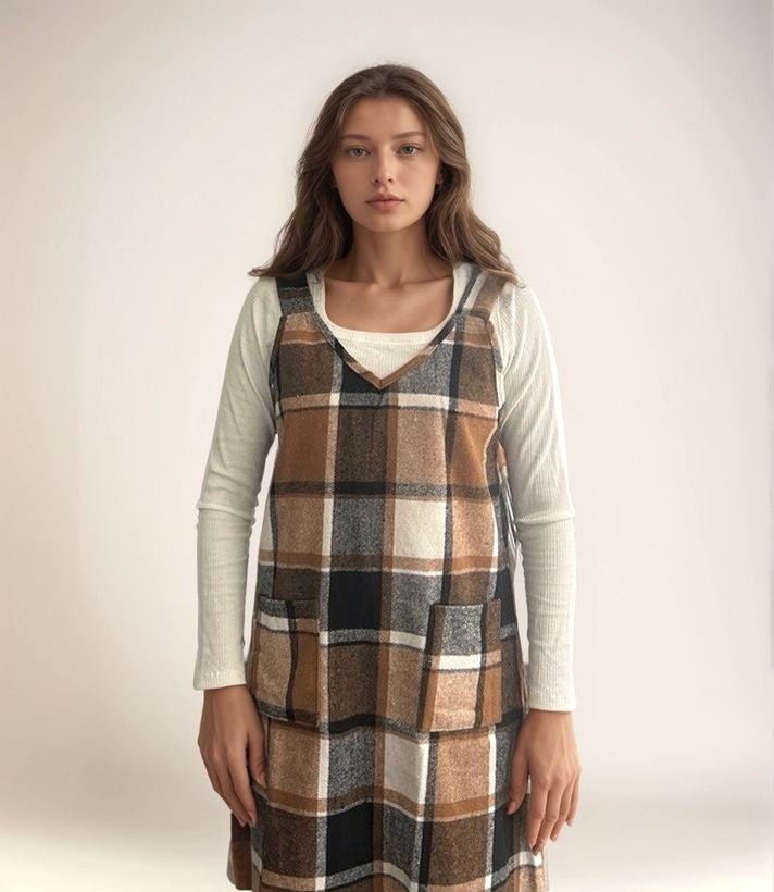 Flannel Pinafore Dress With Front Pockets