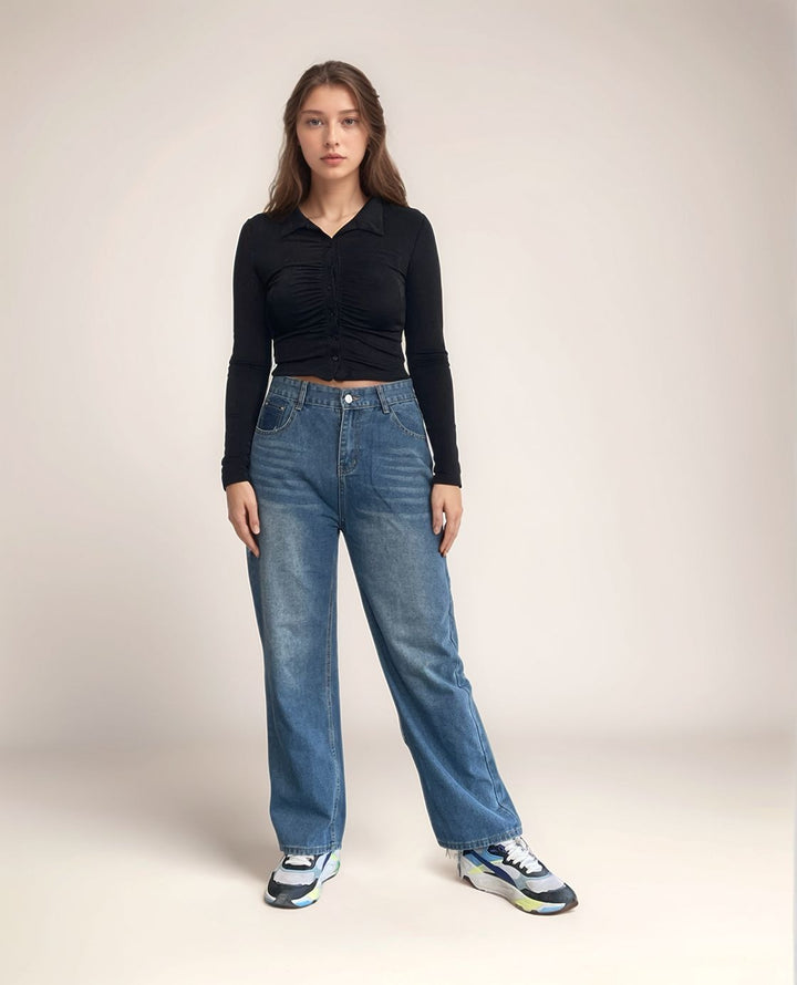 Blue High Rise Stylized Pocket Denim