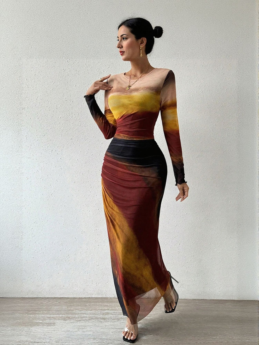 Orange Digital Print Mesh Maxi Dress