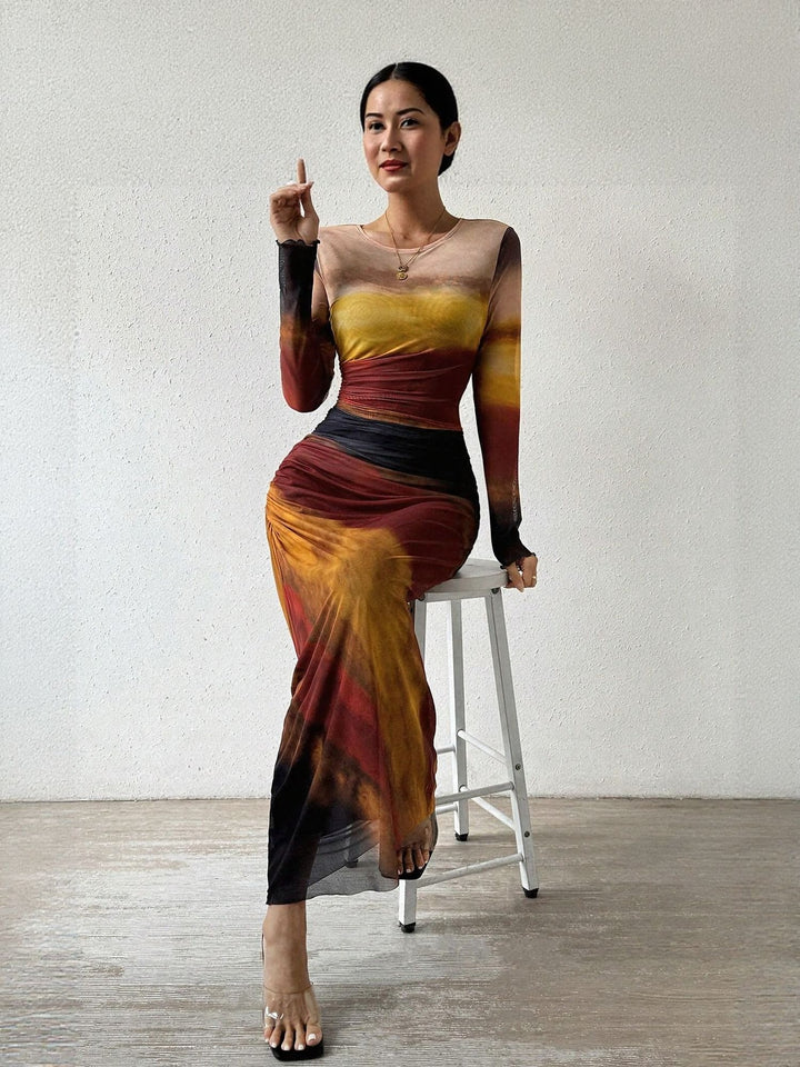 Orange Digital Print Mesh Maxi Dress