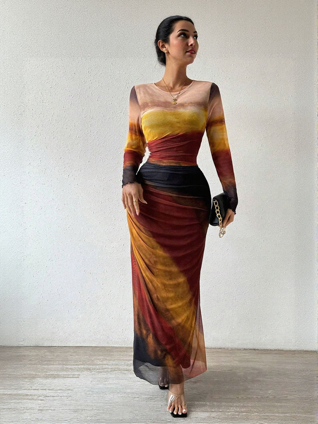 Orange Digital Print Mesh Maxi Dress