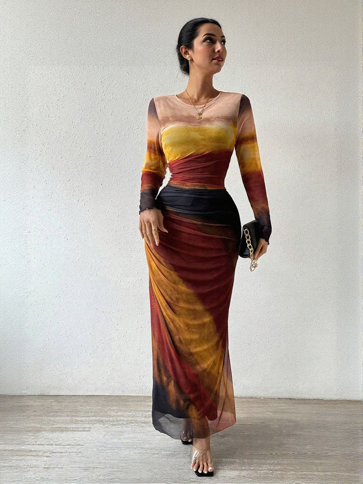 Orange Digital Print Mesh Maxi Dress