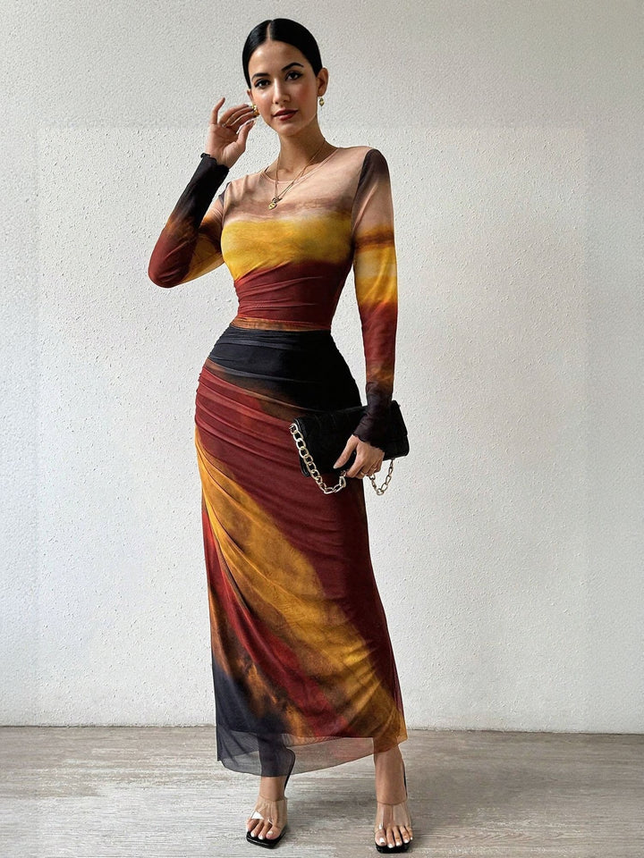 Orange Digital Print Mesh Maxi Dress