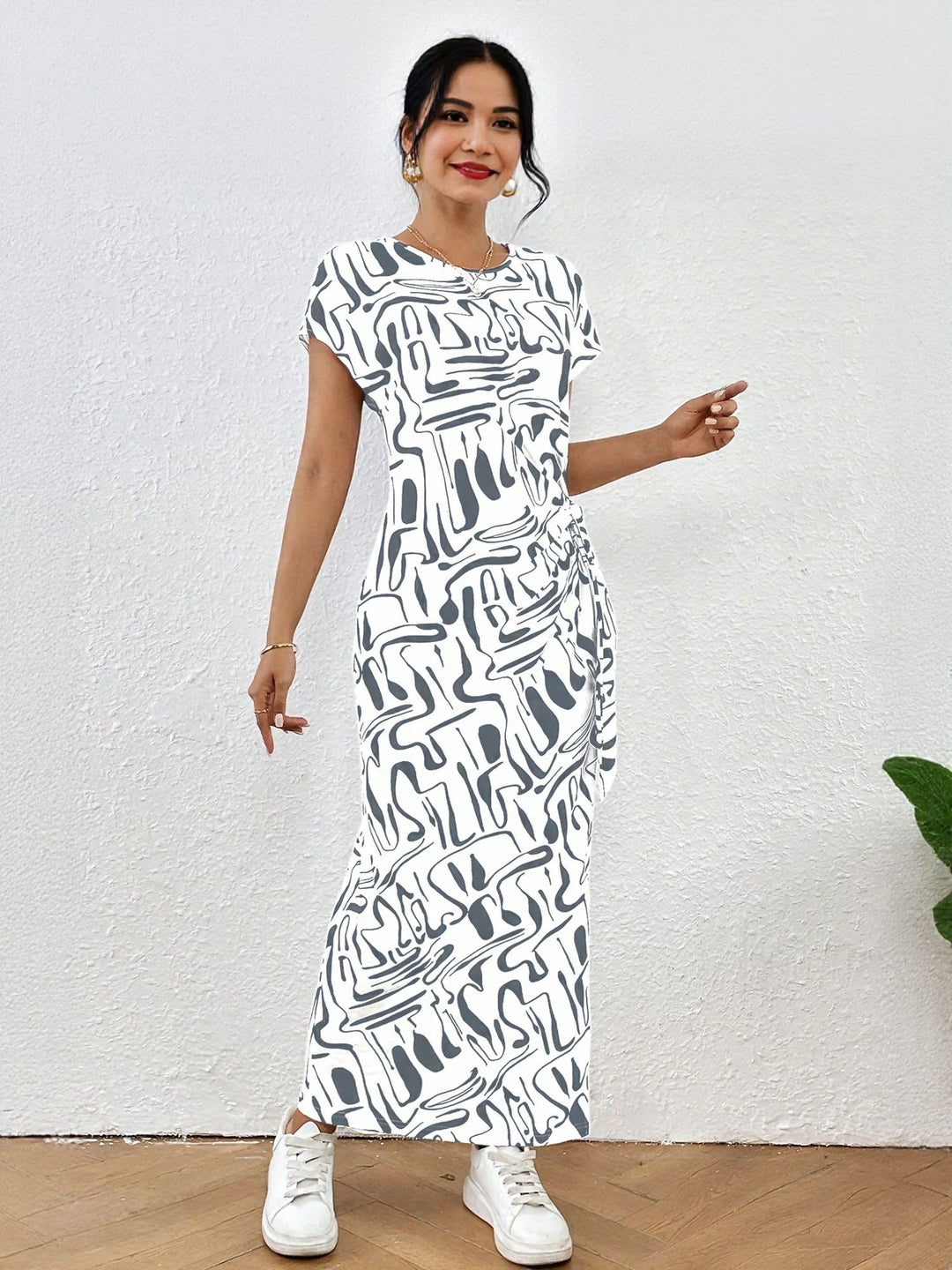 White Short Sleeve Side Slit Jersey Dress