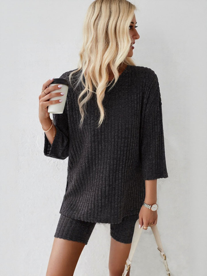 Charcoal Ribbed Co Ord Set With Cycling Shorts
