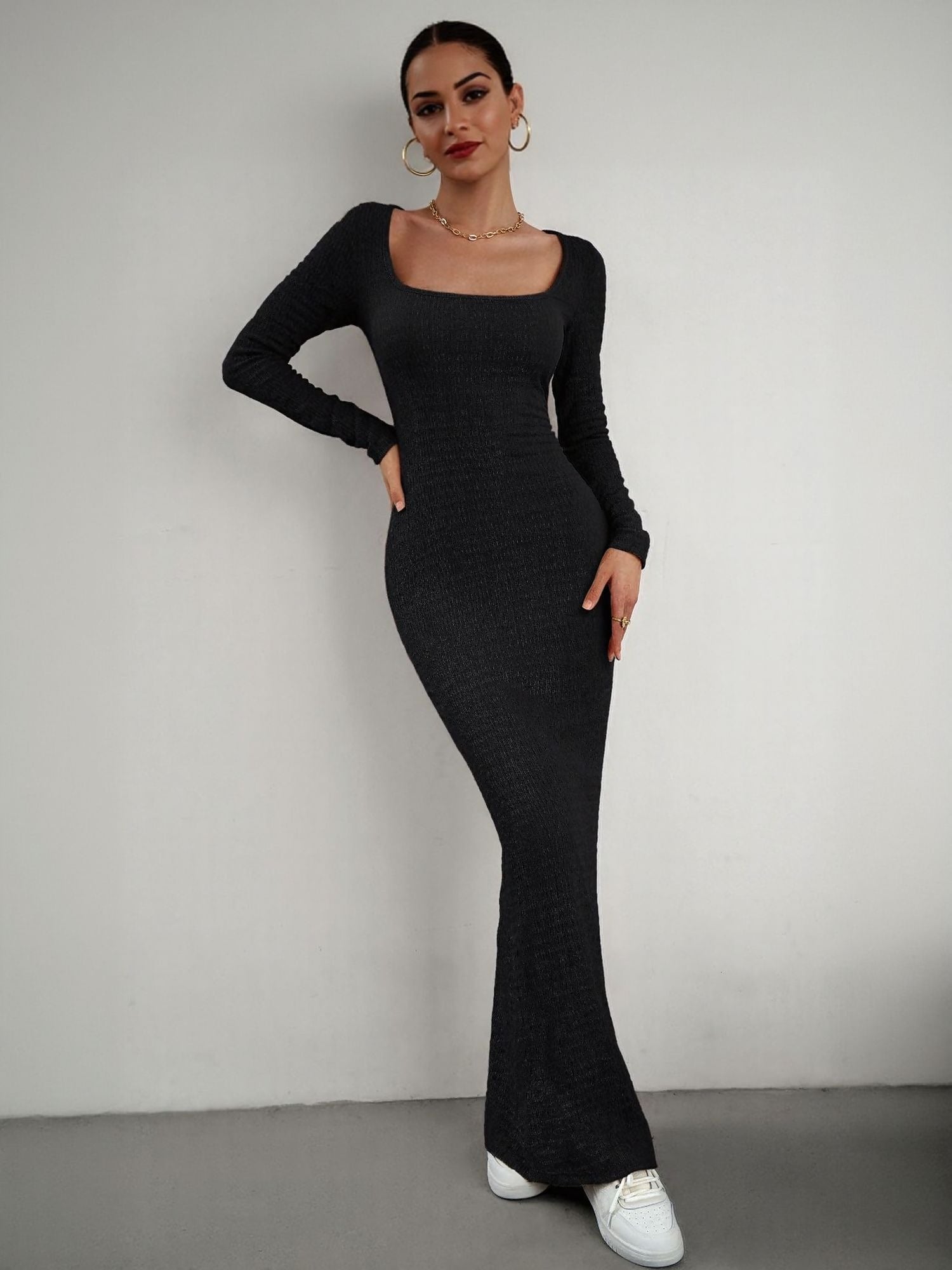 Black Square Neck Textured Maxi Dress