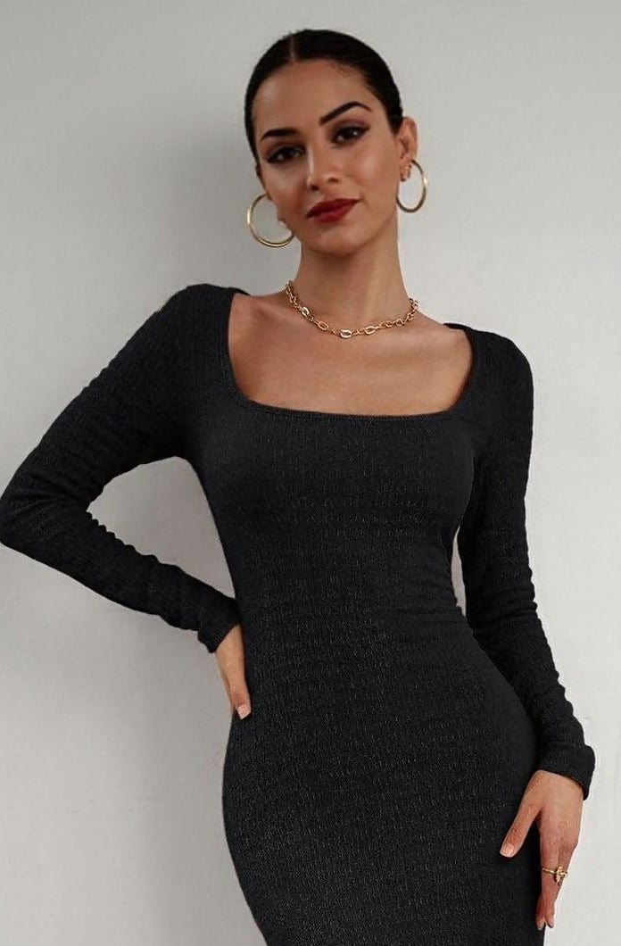 Black Square Neck Textured Maxi Dress