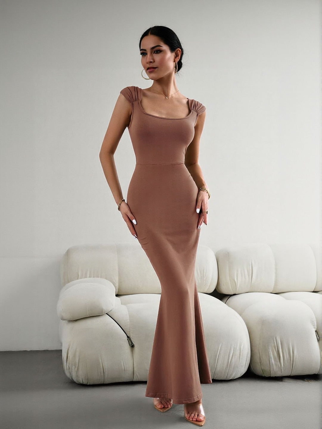 Brown Bodycon Maxi Dress With Gathered Strap