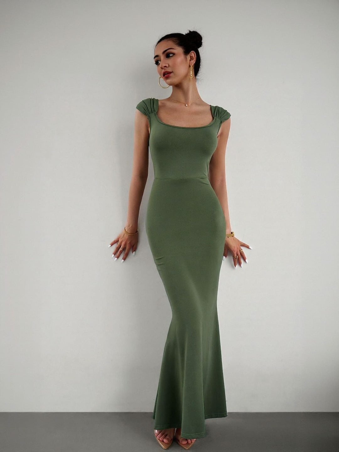 Green Bodycon Maxi Dress With Gathered Strap