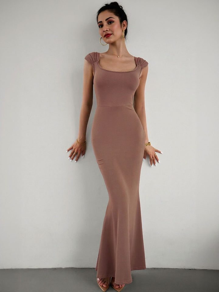 Brown Bodycon Maxi Dress With Gathered Strap