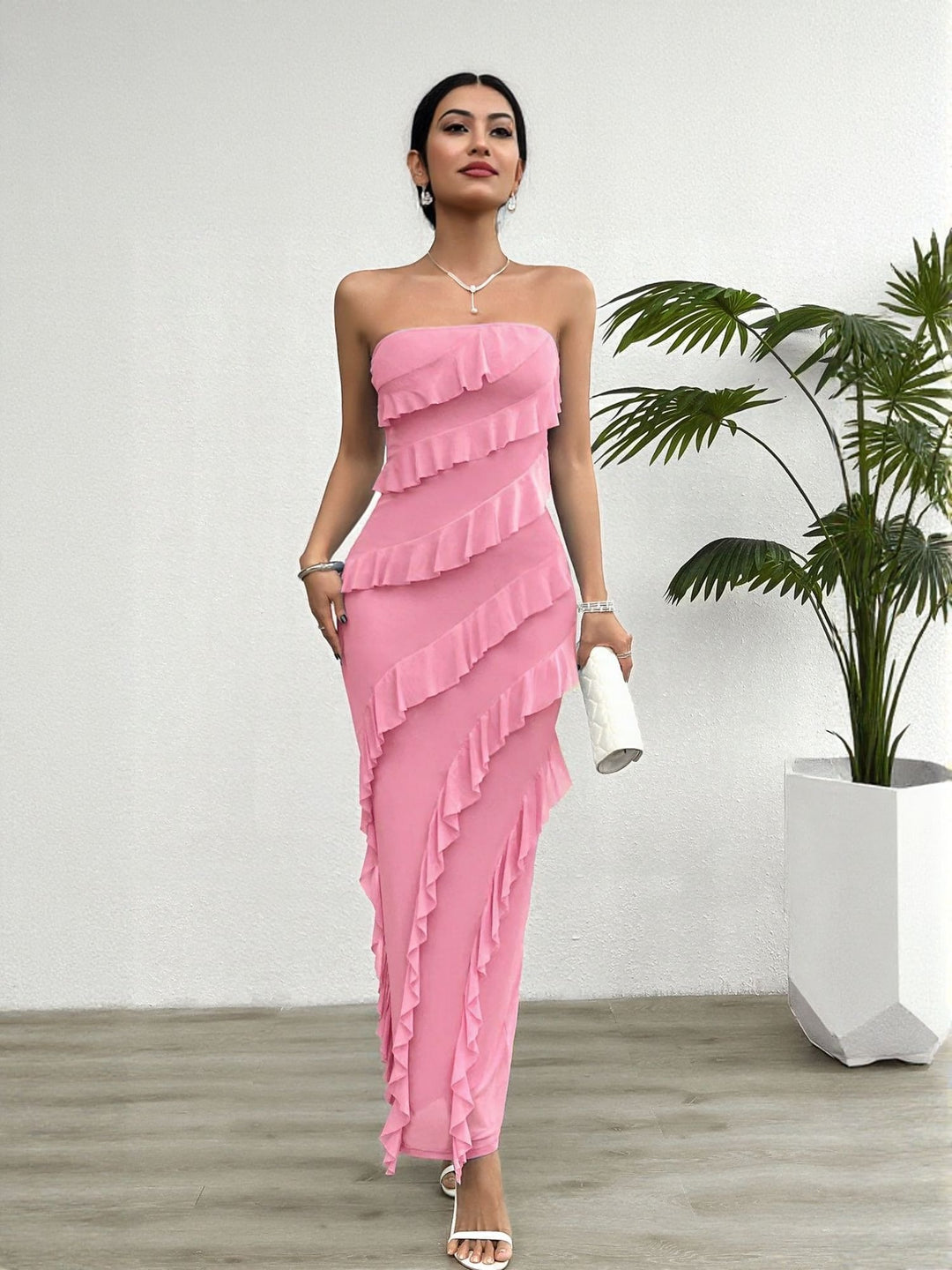 Pink Tube Dress With Tiered Frills