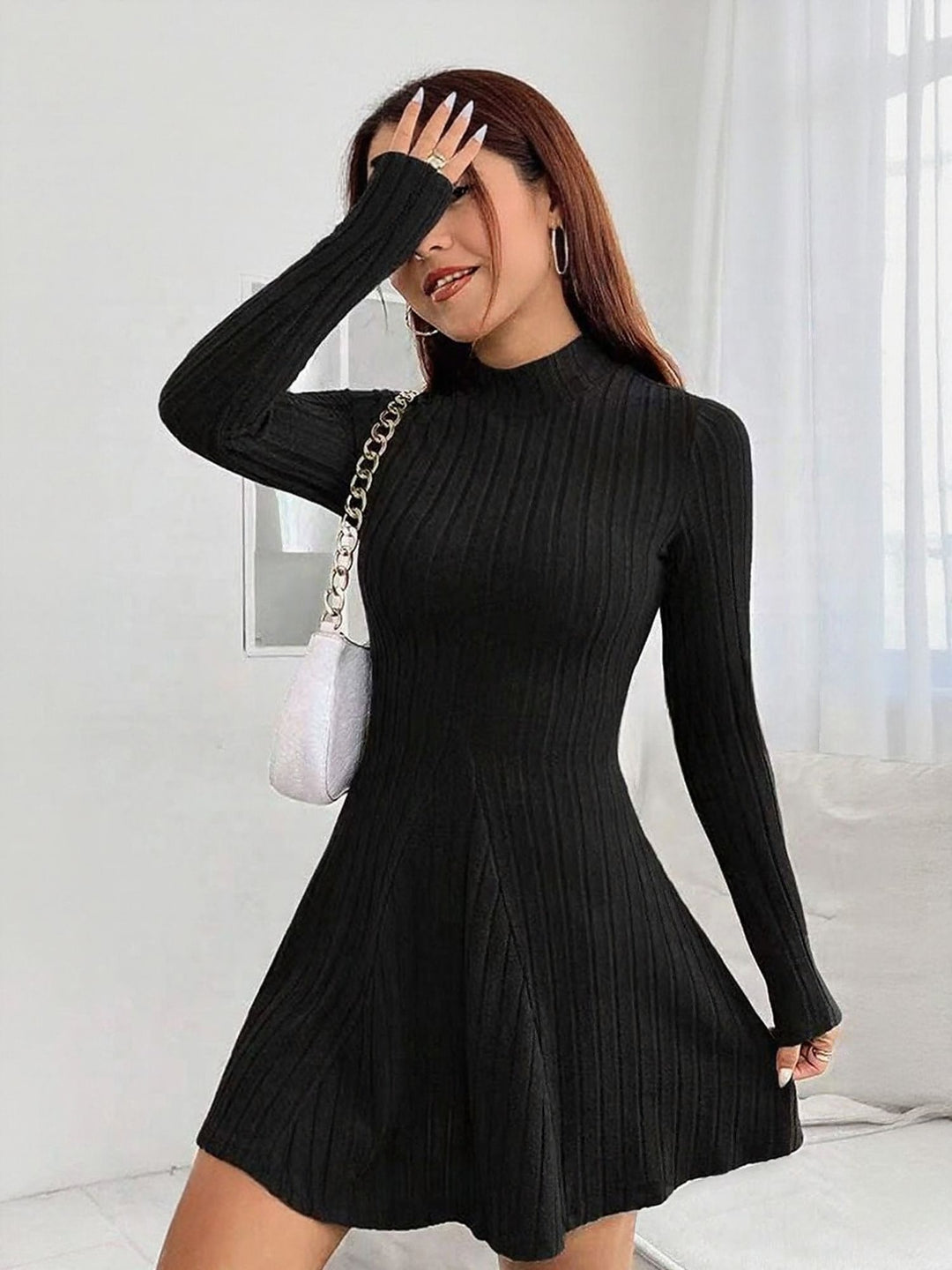 Black Full Sleeves Skater Dress