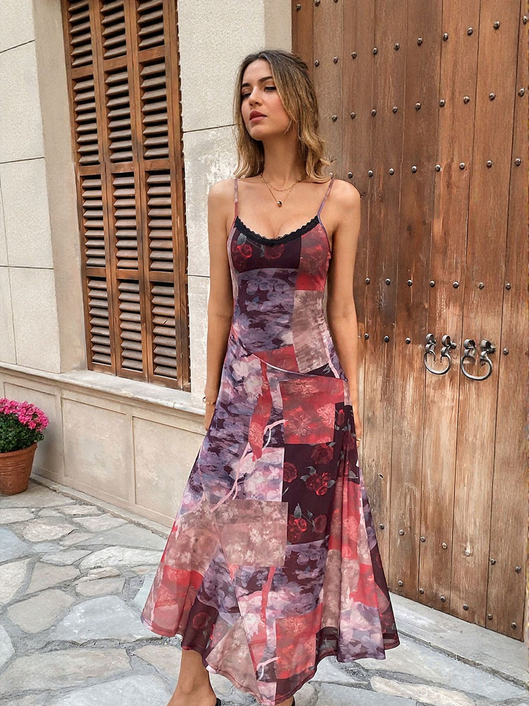 Brown Abstract Print Slip Dress