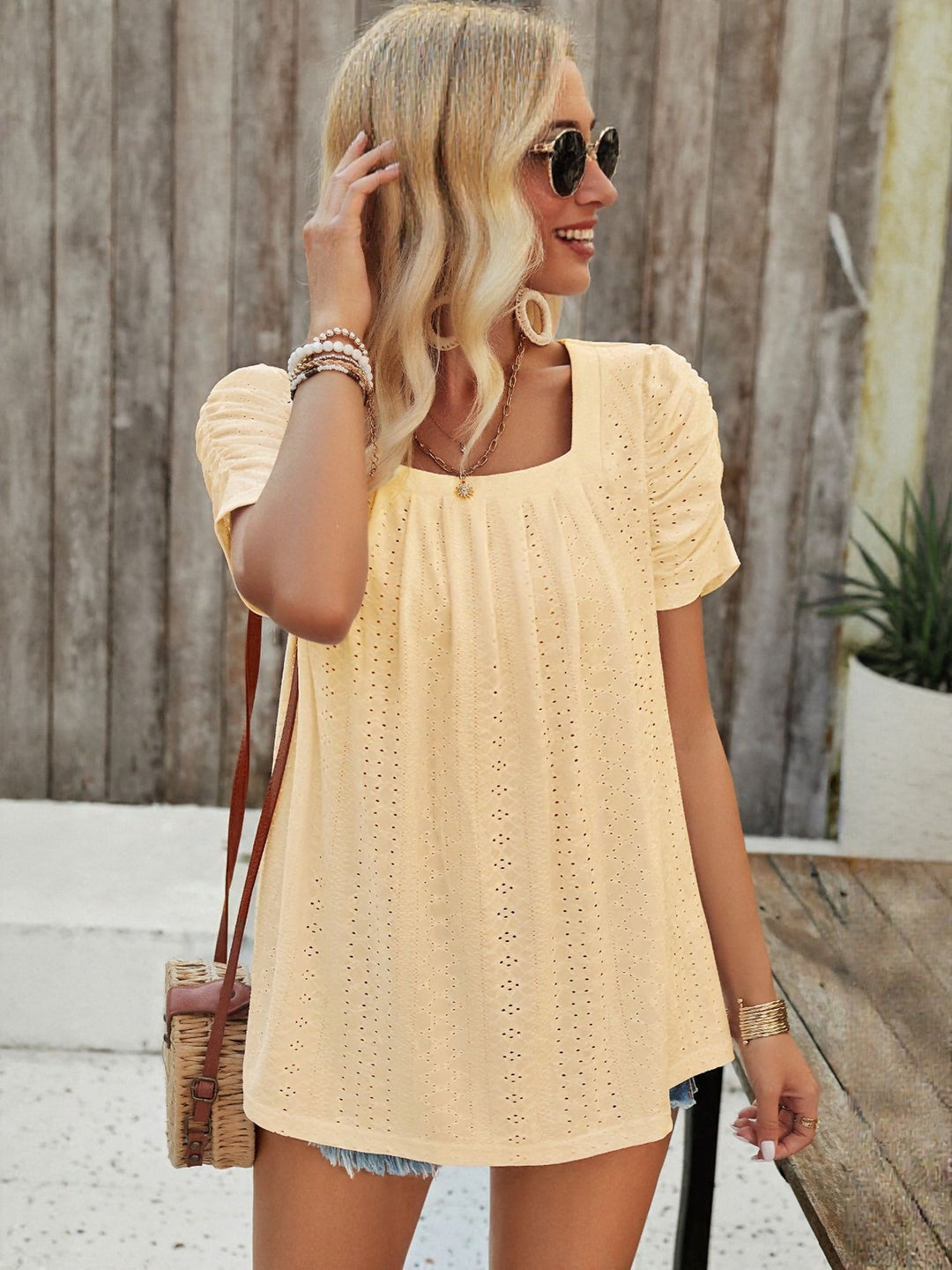 Yellow Square Neck Top With Pleats