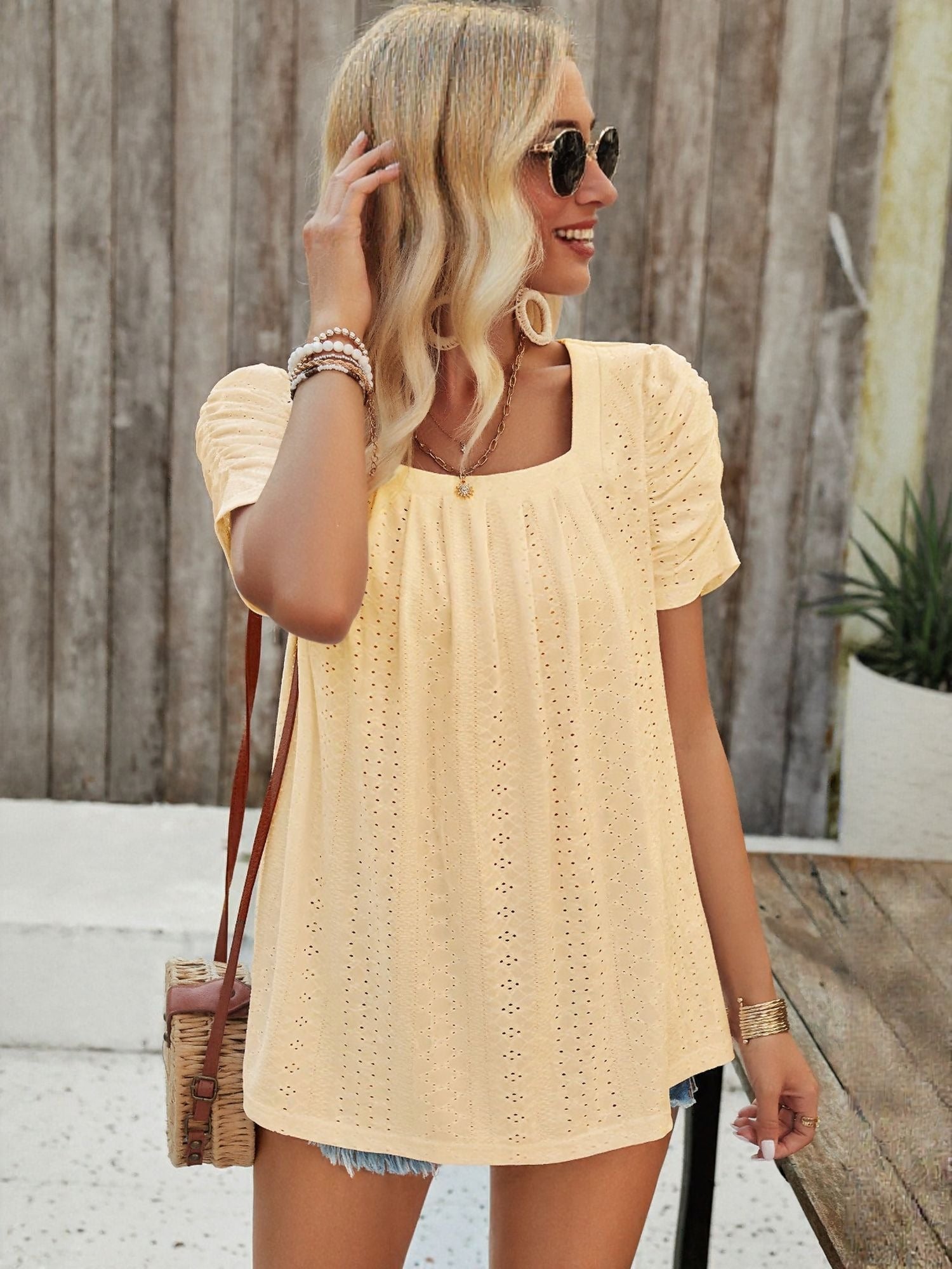 Yellow Square Neck Top With Pleats
