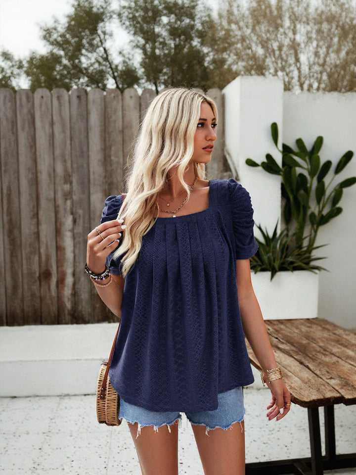 Navy Blue Square Neck Top With Pleats