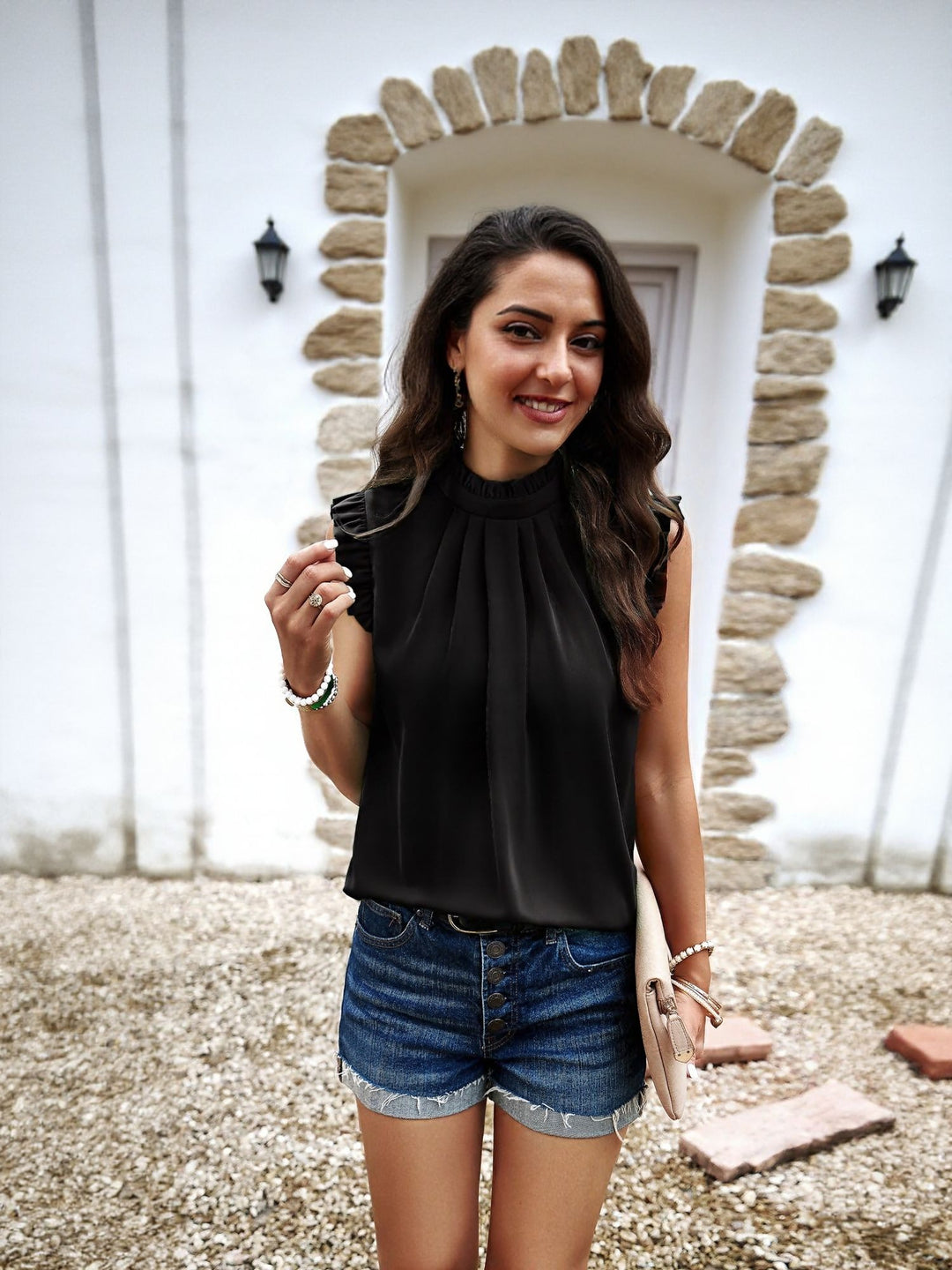 Black High Neck Top With Ruffle Detail