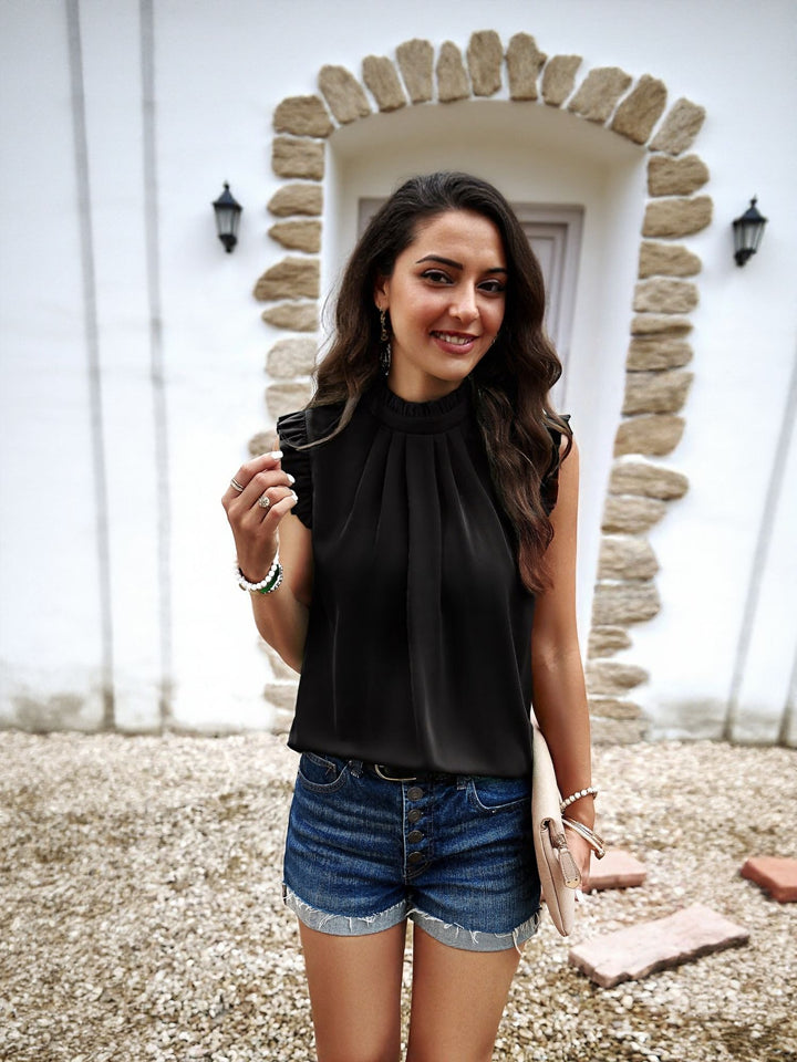Black High Neck Top With Ruffle Detail