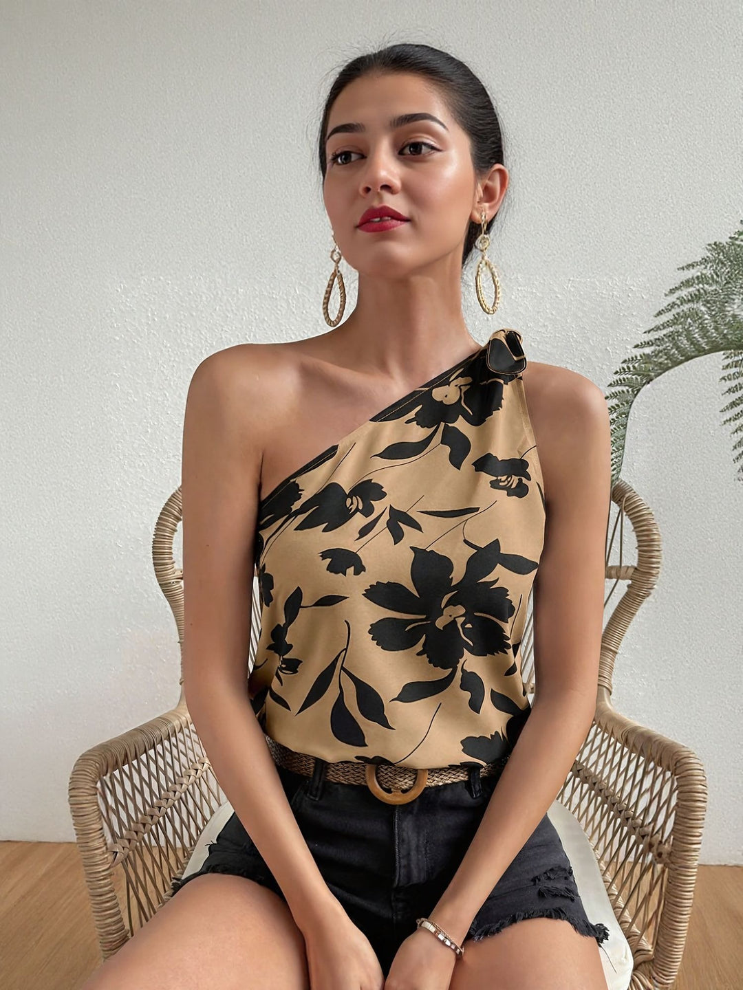 Brown One Shoulder Printed Top