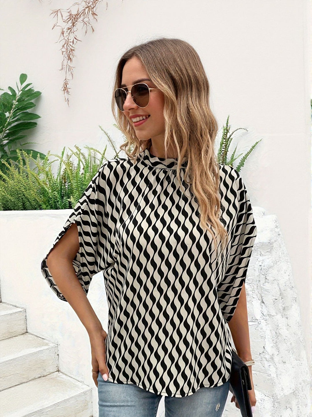 Multi High Neck Blouse With Extended Sleeve Detail