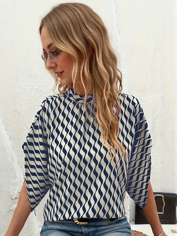 Blue High Neck Blouse With Extended Sleeve Detail