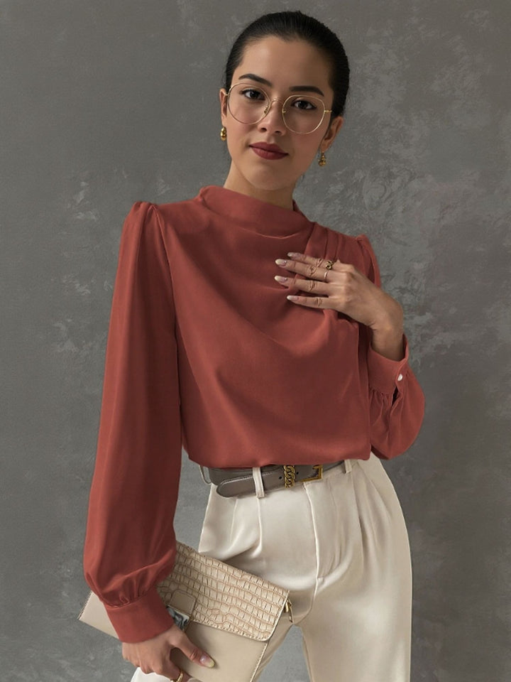 Brown Pleat Detail High Neck Blouse