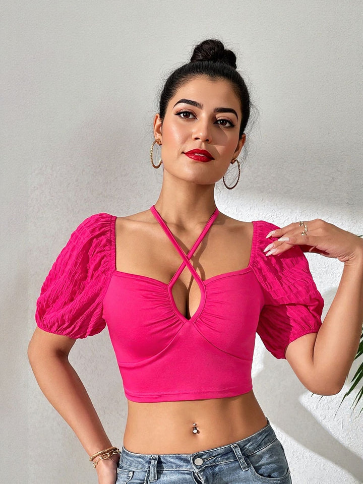 Pink Crop Top With Ahlter Strap Detail