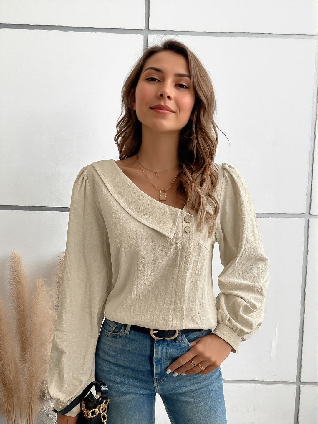 Beige Full Sleeve Top With Asymetric Neck Detail