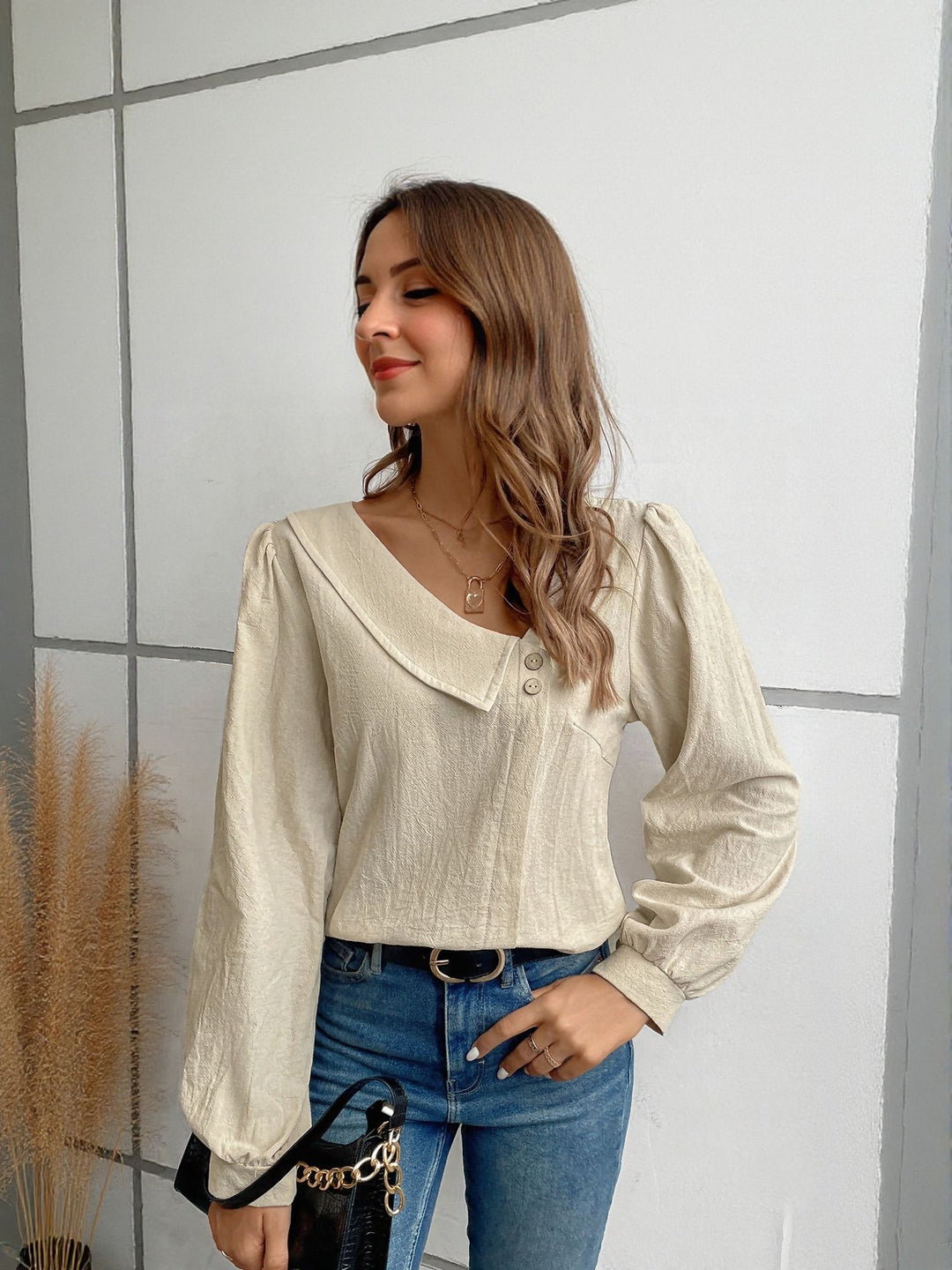 Beige Full Sleeve Top With Asymetric Neck Detail