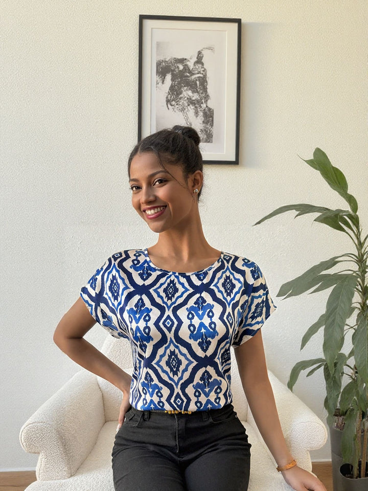 White Geo Print Relaxed Top
