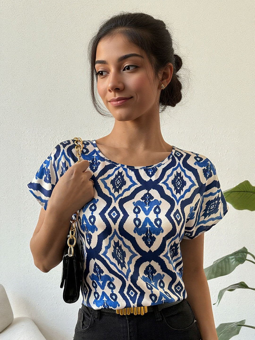 White Geo Print Relaxed Top