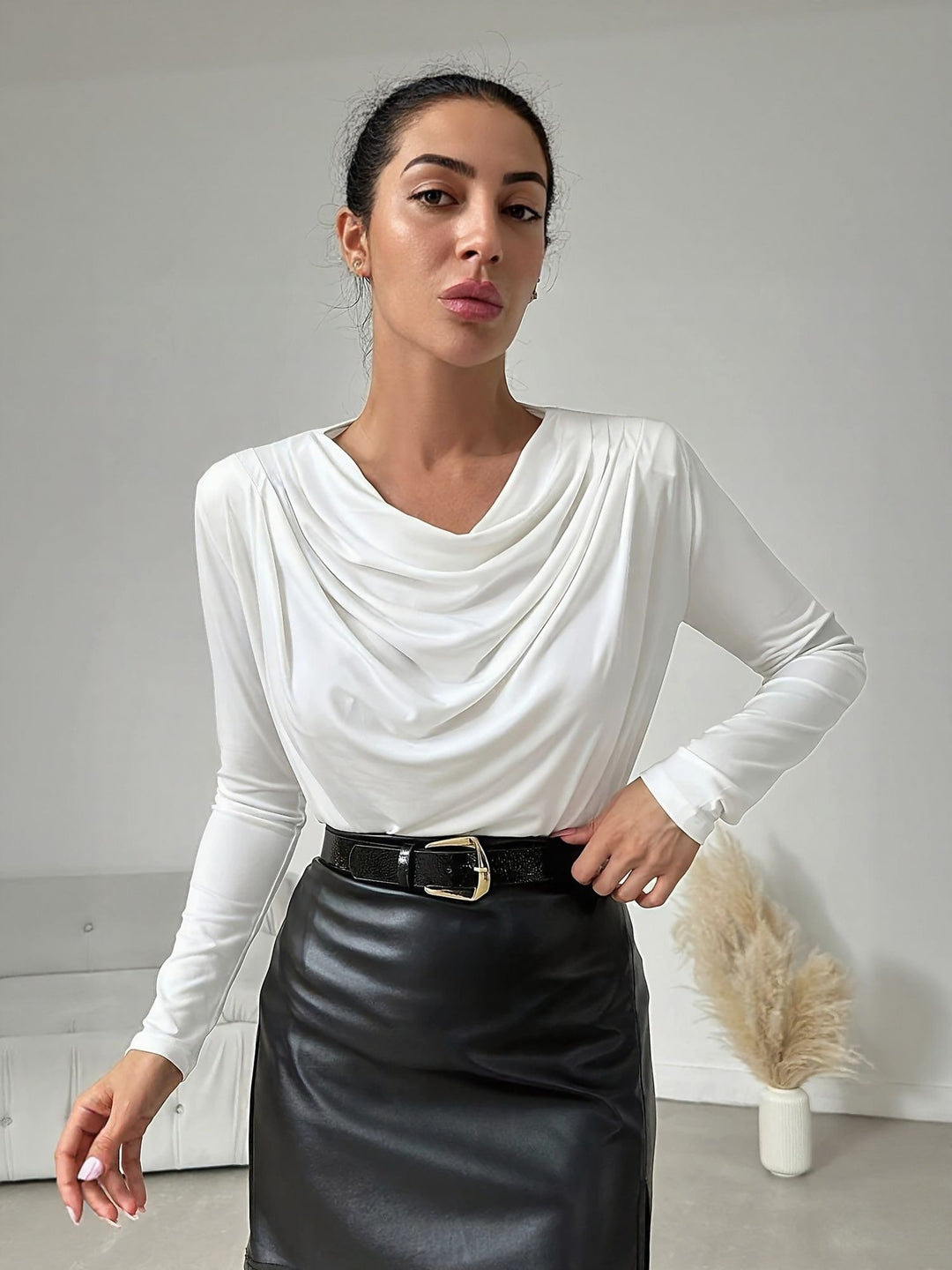 White Cowl Neck Fitted Top