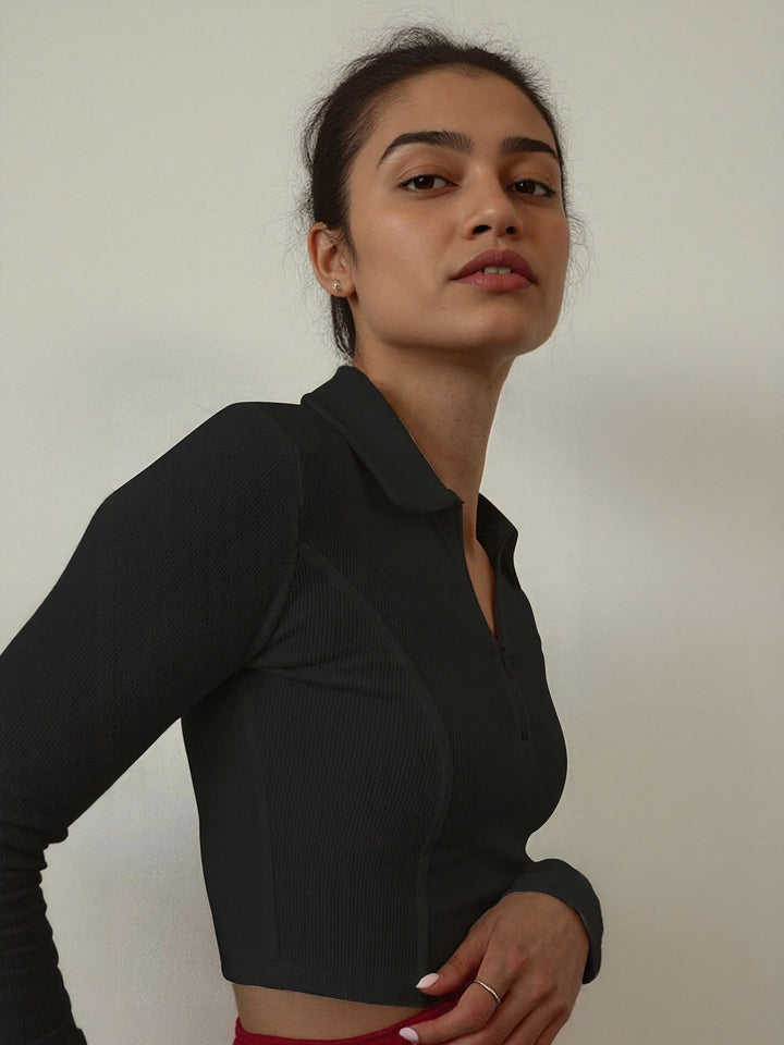 Solid Black Zip Fitted Crop Top