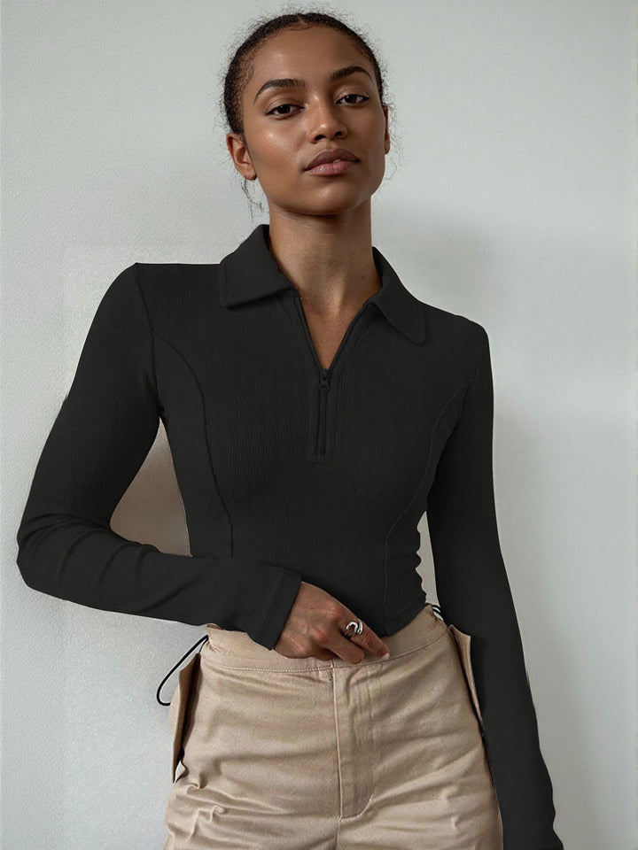 Solid Black Zip Fitted Crop Top