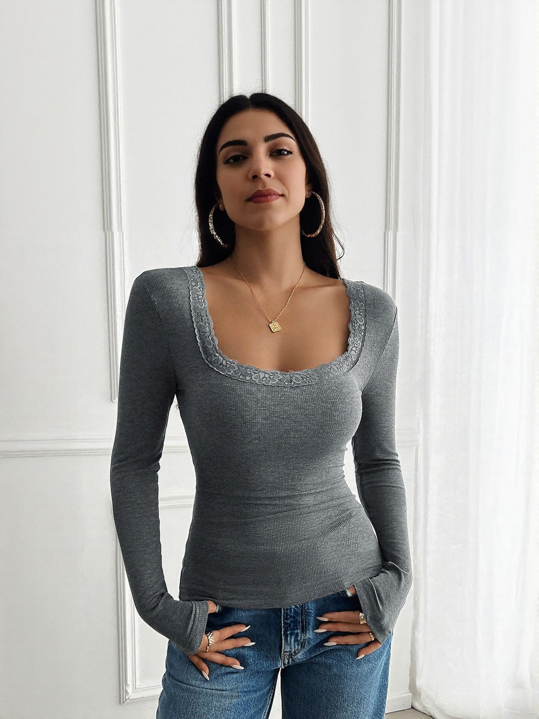 Grey Full Sleeve Ribbed Knit Top