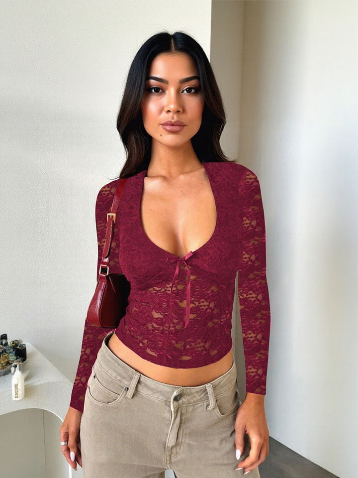 Wine Cropped Fitted Lace Top