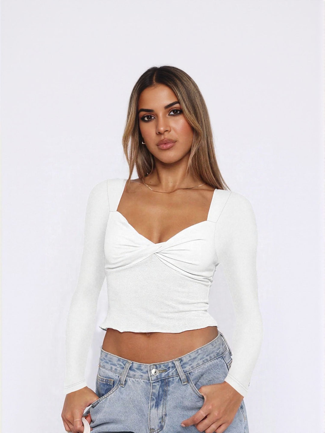 White Fitted Knit Top With Twist Detail At Front