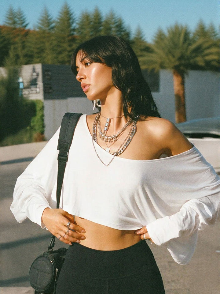 White Assymetric Off Shoulder Top