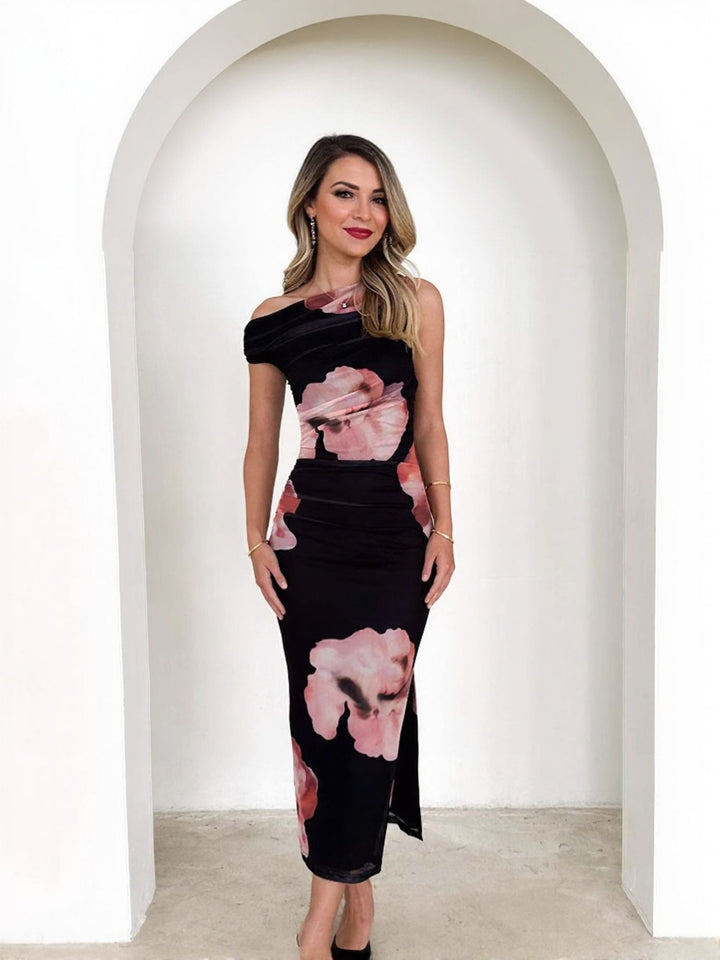 Black One Shoulder Bold Floral Printed Dress
