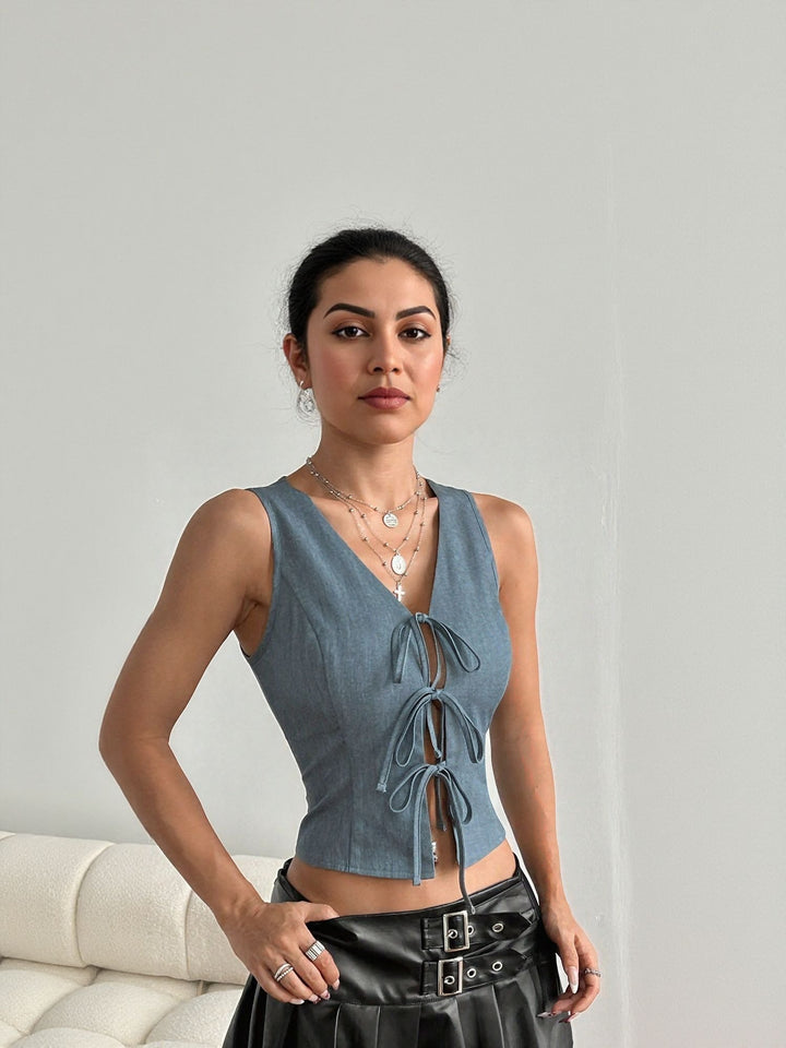 Grey Sleeveless Top With Front Tie Up