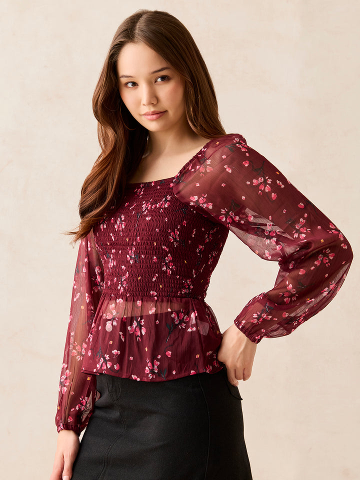 Maroon Printed Smocked Top