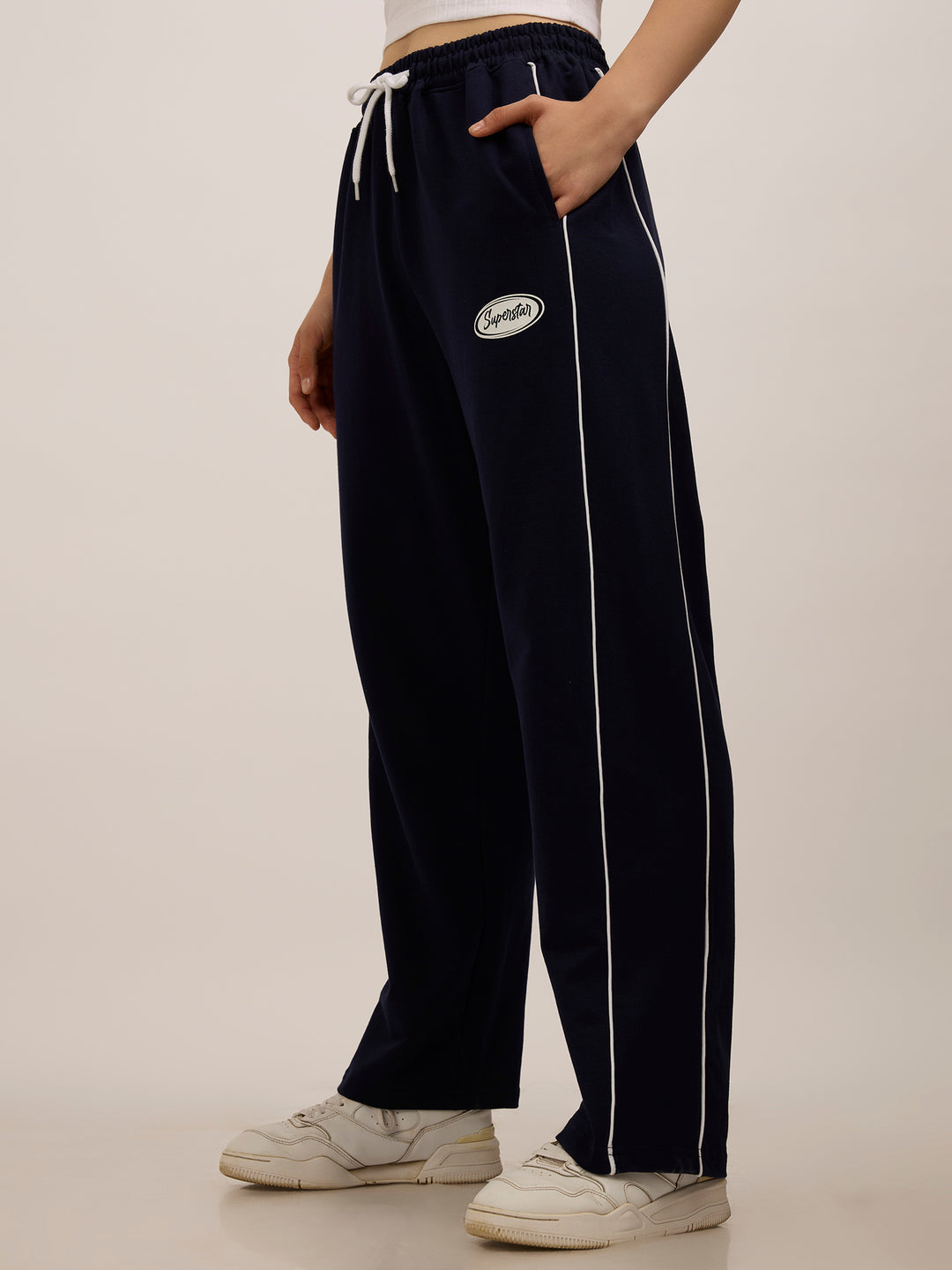 Navy Blue Side Tape Printed Sweatpants