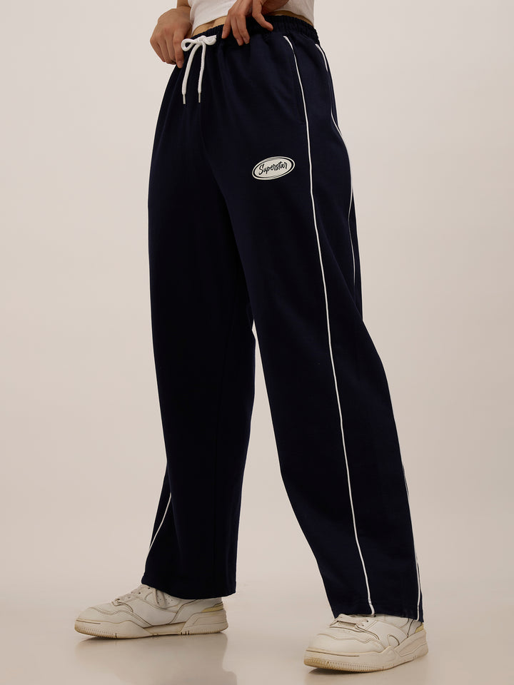 Navy Blue Side Tape Printed Sweatpants
